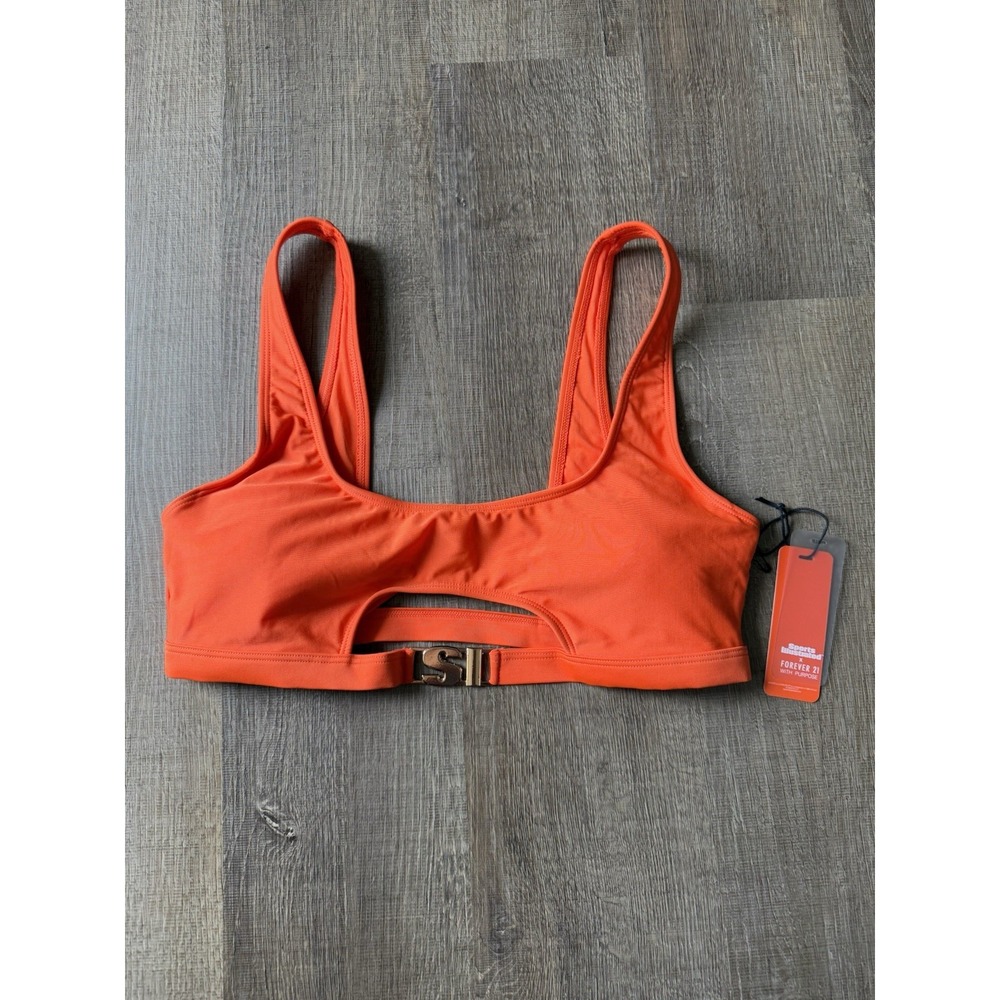 Forever 21‎ Women Orange Swimsuit Top Gold Logo Padded Bra NWT Size Large